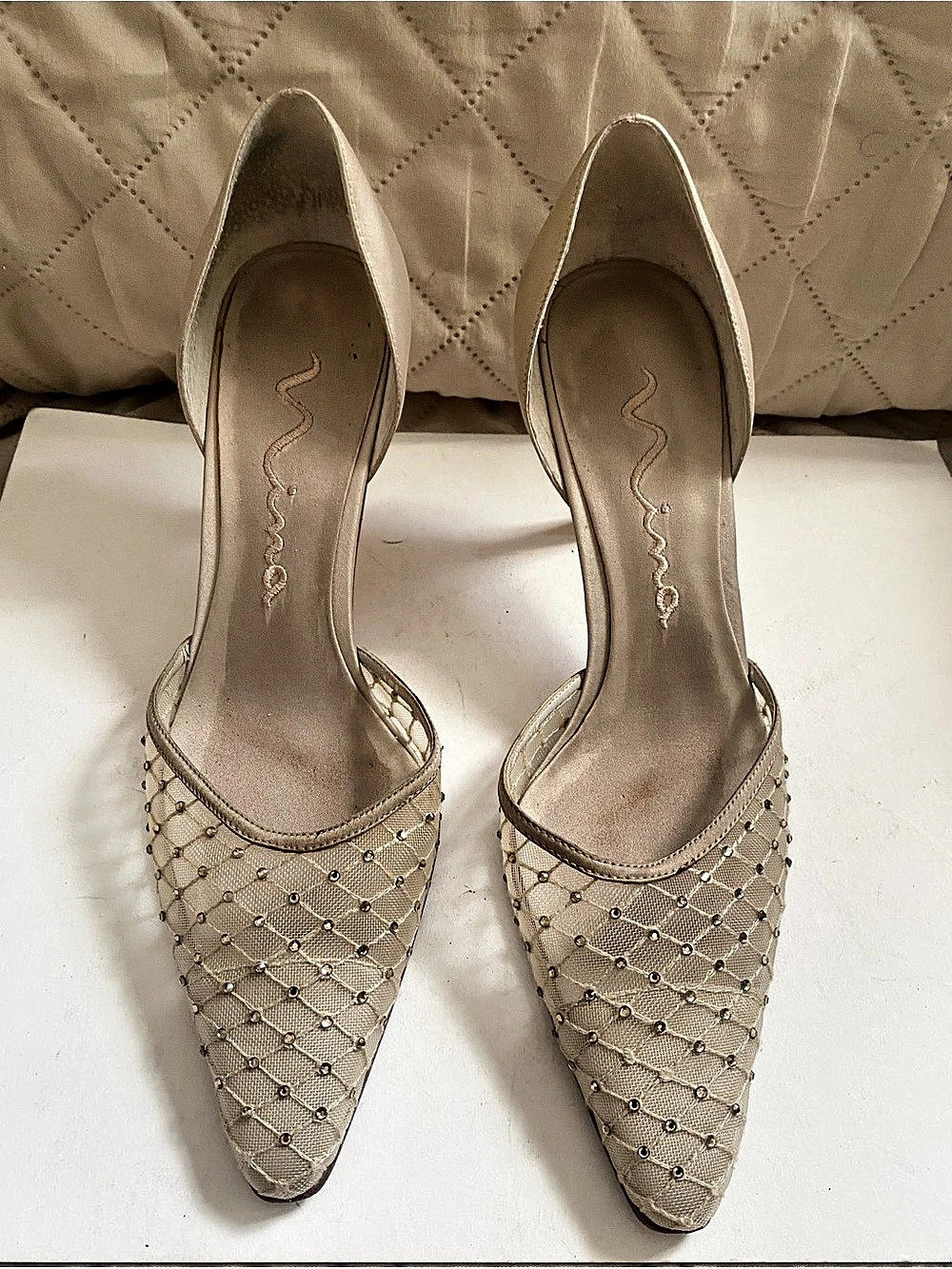 Nina Pointed Toe Embellished Heels in Beige USA 71⁄2